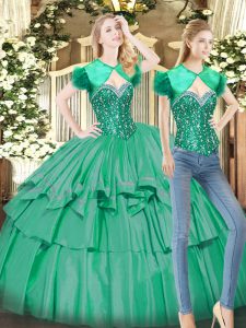 High Class Sleeveless Floor Length Beading and Ruffled Layers Lace Up Sweet 16 Dresses with Turquoise