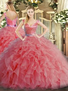 Watermelon Red Sleeveless Ruffles Floor Length Quince Ball Gowns