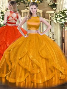 Orange Red Criss Cross Quince Ball Gowns Ruffles Sleeveless Floor Length