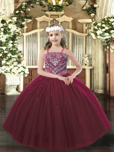 Custom Made Floor Length Lace Up High School Pageant Dress Burgundy for Party and Quinceanera with Beading