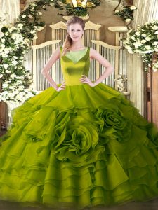 Olive Green Sleeveless Beading and Ruffled Layers Floor Length Quince Ball Gowns