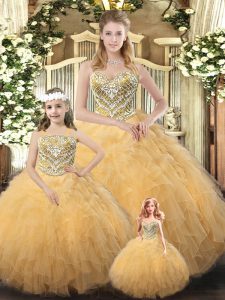 Wonderful Gold Sleeveless Organza Lace Up Quinceanera Dress for Military Ball and Sweet 16 and Quinceanera