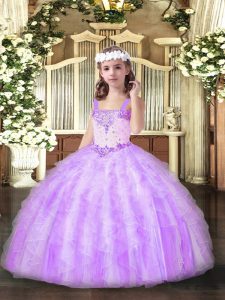 Lilac Lace Up Custom Made Pageant Dress Beading and Ruffles Sleeveless Floor Length