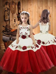 Super Organza Straps Sleeveless Zipper Embroidery Little Girls Pageant Dress in Red