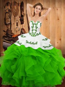 Custom Fit Green Vestidos de Quinceanera Military Ball and Sweet 16 and Quinceanera with Embroidery and Ruffles Strapless Sleeveless Lace Up
