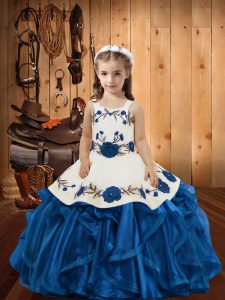 Custom Made Blue Sleeveless Embroidery and Ruffles Floor Length Kids Pageant Dress