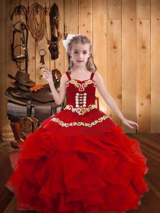 Sleeveless Organza Floor Length Lace Up Pageant Gowns For Girls in Red with Embroidery and Ruffles