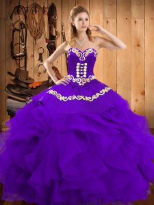 Sweetheart Sleeveless Ball Gown Prom Dress Floor Length Embroidery and Ruffles Purple Satin and Organza