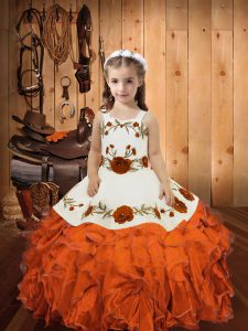 Beautiful Orange Red Ball Gowns Organza Straps Sleeveless Embroidery and Ruffles Floor Length Lace Up Girls Pageant Dresses