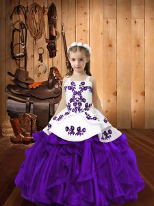 High End Floor Length Eggplant Purple Child Pageant Dress Organza Sleeveless Embroidery and Ruffles