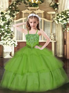 Green Organza Lace Up Straps Sleeveless Floor Length Kids Formal Wear Beading and Ruffled Layers