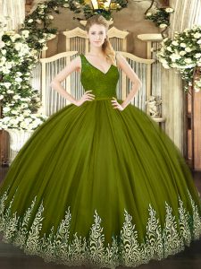 Olive Green 15 Quinceanera Dress Military Ball and Sweet 16 and Quinceanera with Beading and Lace and Appliques V-neck Sleeveless Backless