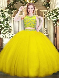 Deluxe Two Pieces Sweet 16 Dresses Gold Scoop Tulle Sleeveless Floor Length Zipper