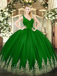 Designer Green Sweet 16 Quinceanera Dress Sweet 16 and Quinceanera with Beading and Appliques V-neck Sleeveless Zipper