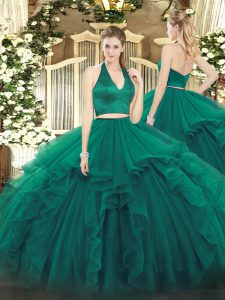 Flare Dark Green Quinceanera Gown Military Ball and Sweet 16 and Quinceanera with Ruffles Halter Top Sleeveless Zipper