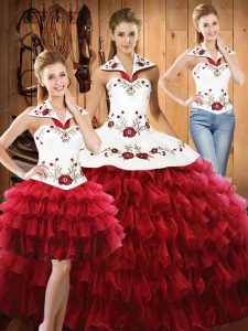 Fine Wine Red Sleeveless Embroidery and Ruffled Layers Floor Length Quinceanera Gowns