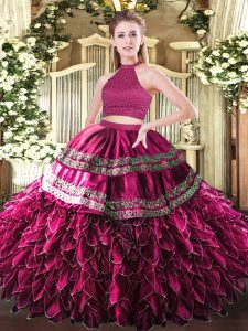 Fancy Halter Top Sleeveless Backless Ball Gown Prom Dress Fuchsia Satin and Organza