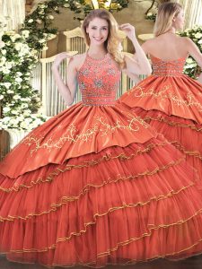 Delicate Floor Length Rust Red Quinceanera Gown Halter Top Sleeveless Zipper