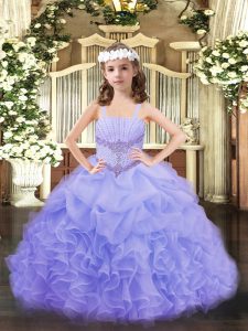 Excellent Lavender Ball Gowns Straps Sleeveless Organza Floor Length Lace Up Beading and Ruffles and Pick Ups Little Girls Pageant Dress Wholesale