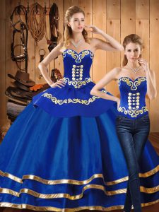 Glamorous Long Sleeves Satin and Tulle Floor Length Lace Up Sweet 16 Quinceanera Dress in Blue with Embroidery