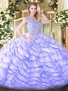 Sleeveless Tulle Sweep Train Zipper Ball Gown Prom Dress in Lavender with Beading and Ruffled Layers