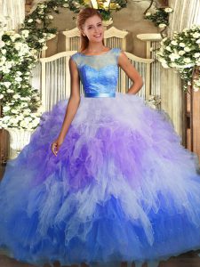 Trendy Multi-color Backless Scoop Lace and Ruffles Quinceanera Gown Organza Sleeveless
