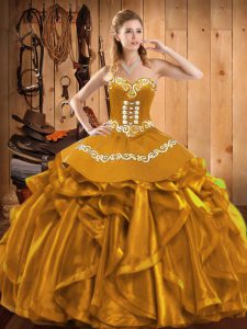 Sleeveless Floor Length Embroidery and Ruffles Lace Up 15th Birthday Dress with Gold