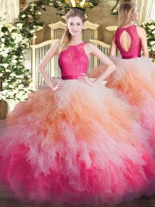 Colorful Lace and Ruffles Quince Ball Gowns Multi-color Zipper Sleeveless Floor Length