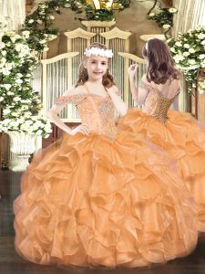 Orange Off The Shoulder Lace Up Beading and Ruffles Little Girl Pageant Gowns Sleeveless