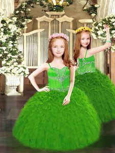 Lovely Sleeveless Organza Floor Length Lace Up Girls Pageant Dresses in Green with Beading and Ruffles