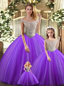 Stunning Purple Sleeveless Floor Length Beading Lace Up Ball Gown Prom Dress