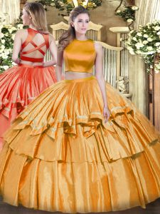 Orange Criss Cross High-neck Ruffled Layers Quince Ball Gowns Tulle Sleeveless