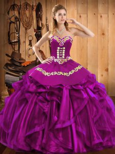 Traditional Fuchsia Sweetheart Lace Up Embroidery and Ruffles Quinceanera Dress Sleeveless