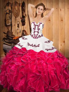 Fitting Hot Pink Sleeveless Satin and Organza Lace Up Sweet 16 Dresses for Military Ball and Sweet 16 and Quinceanera