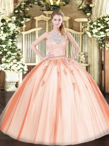 Orange Two Pieces Tulle Scoop Sleeveless Lace and Appliques Floor Length Zipper Quince Ball Gowns