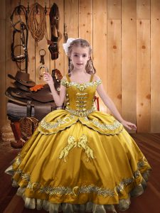 Ball Gowns Little Girls Pageant Dress Gold Off The Shoulder Satin Sleeveless Floor Length Lace Up