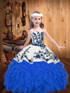 Amazing Floor Length Lace Up Pageant Dress Womens Blue for Party and Sweet 16 and Quinceanera and Wedding Party with Embroidery and Ruffles