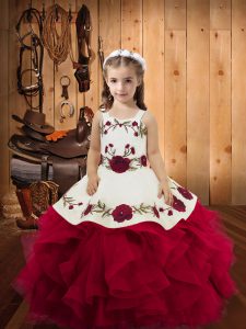 Fuchsia Lace Up Straps Embroidery and Ruffles Little Girls Pageant Dress Tulle Sleeveless