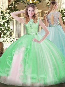 Spectacular Apple Green Ball Gowns Lace and Ruffles Sweet 16 Dress Backless Organza Sleeveless Floor Length