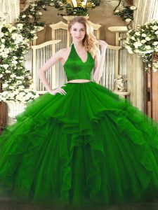 Sexy Floor Length Green Quinceanera Dresses Organza Sleeveless Ruffles