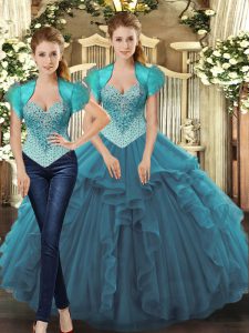 Floor Length Teal Vestidos de Quinceanera Tulle Sleeveless Beading and Ruffles