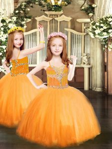 Cheap Orange Tulle Lace Up High School Pageant Dress Sleeveless Floor Length Beading