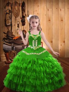 Customized Straps Sleeveless Organza Kids Formal Wear Embroidery and Ruffled Layers Lace Up