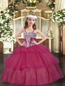 Inexpensive Floor Length Wine Red Winning Pageant Gowns Organza Sleeveless Appliques and Ruffled Layers