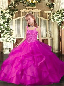 Straps Sleeveless Lace Up Glitz Pageant Dress Fuchsia Organza