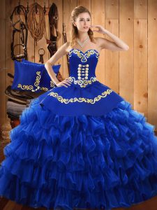 Amazing Blue Satin and Organza Lace Up Strapless Sleeveless Floor Length Quinceanera Gowns Embroidery and Ruffled Layers