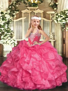 Hot Pink Ball Gowns Organza V-neck Sleeveless Beading and Ruffles Floor Length Lace Up Kids Pageant Dress