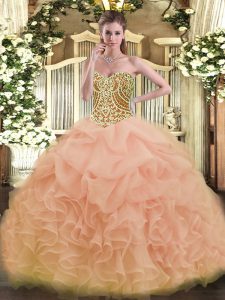 Floor Length Ball Gowns Sleeveless Peach Quinceanera Gown Lace Up