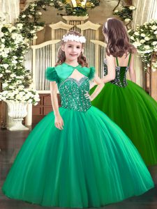 Floor Length Turquoise Glitz Pageant Dress Tulle Sleeveless Beading