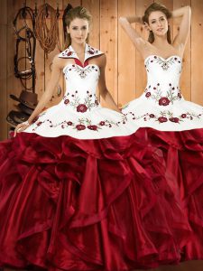 Edgy Halter Top Sleeveless Lace Up 15th Birthday Dress Wine Red Organza